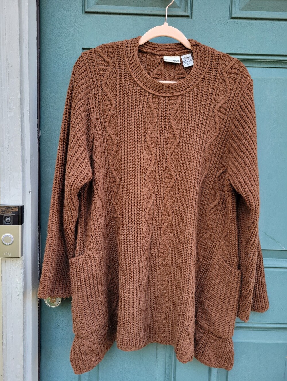 Newport News Oversized Style Cable Knit Long Sweater Carnigan Brown L Pockets